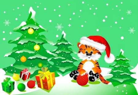 Christmas kitty - beautiful, cat, toys, christmas, kitty, gifts, balls, joe, tree, clipart, new year, funny, snowflakes, vector, decoration, holiday, kitten, nice, lovely, green, snow