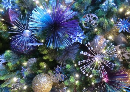 Fireworks in Christmas tree for Ramya (ramyadevims) - decoration, blue, ball, ornament, flower, pink, tree, christmas, purple, green, glitter, golden, fireworks