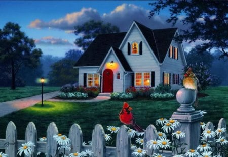 The houseguests - pretty, birds, summer, cabin, evening, colroful, grass, night, flowers, daisies, garden, yard, nice, cottage, sky, clouds, house, greenery, beautiful, lovely, fence, lantern, cardinals, lights, painting, guests, park