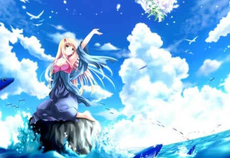 ocean of dream - bird, anime, female, wing, scenery, blue, blossom, scene, pink, long hair, animal, view, sky, anime girl, water, hot, girl, sea, scenic, ocean, flower, petals, bouquet, white, wings, cloud, cute, sexy, fish