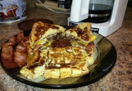 Bacon, sausage, eggs, cheese, french toast, and syrup - yummy, abstract, foods, breakfast