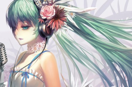 Vocaloid - Hatsune Miku - roses, eyes, music, green, anime, miku, cute, twin, tail, girl, song, hatsune, microphone, haur, vocaloid, blue, beautiful, headphones, pink, singing, flower