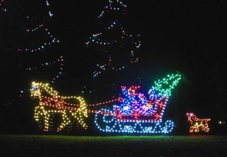 Horse Drawn Sleigh - christmas, sleigh, winter, nature, lights, decorations, sled