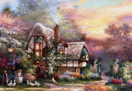 By James Lee - sunset, painting, james lee, art, cottage