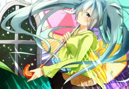 vocaloid - hatsune miku, stars, rain, night, music, window, umbrella, anime, manga