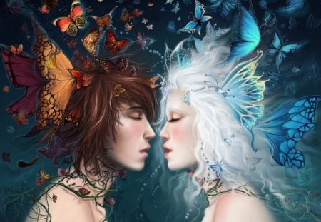 BUTTERFLIES IN LOVE - woman, male, love, female, art, man, fairy, fantay, butterflies