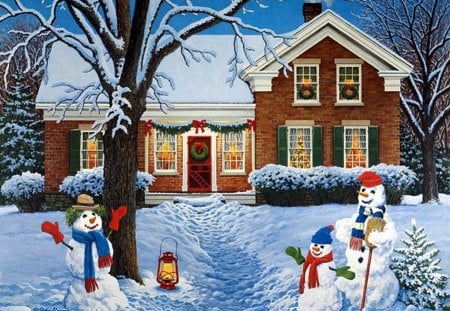 Snowmen - snowman, new year, trees, winter, christmas, painting, christmas tree, art, abstract, lantern, artwork, snow, house, tree