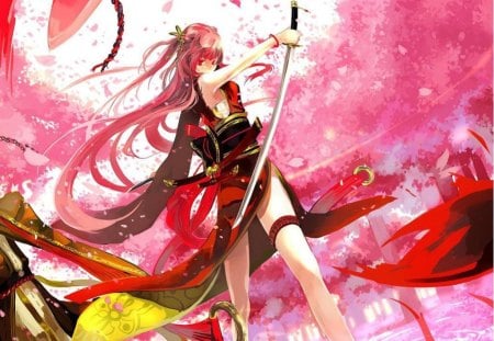 the cherry blossoms - manga, anime, katana, girl, pink