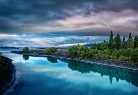 Beautiful Place - beauty, sky, trees, peaceful, water, mountains, view, reflection, river, clouds, green, tree, lake, landscape, lovely, nature, woods, forest, beautiful, splendor, colors