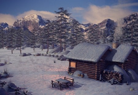 \'Panorama of the Landscape\' - cottage, chimney, chairs, cottages, dry trees, white trees, forever, artwork, table, frozen, timber, xmas and new year, firewood, landscape, cabins, beautiful, 3d, snow, living, sky, trees, mountains, creative pre-made, rocks, painting, fall, clouds, ice, attractions in dreams, forests, always, winter, lovely, still, love four seasons, together