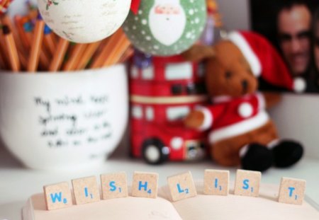 Wish list - book, santa, words, cup, toys, tiles, message