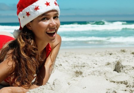 Happy on beach - beach, sun, model, christmas