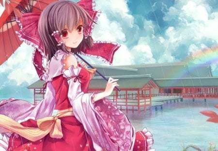 Reimu - anime, female, scenery, scene, dress, umbrella, touhou, rainbow, view, rain, reimu, hakurei reimu, sky, raining, anime girl, water, hot, girl, scenic, cloud, cute, sexy