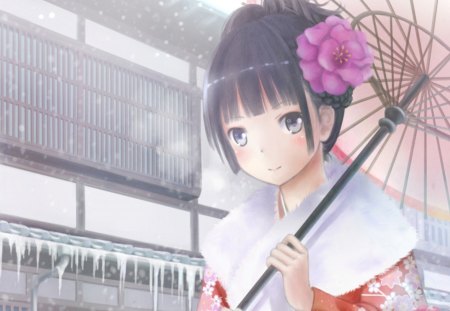 snow day - flower, winter, cute, blossom, sweet, anime, anime girl, umbrella, petals, fur, female, snow