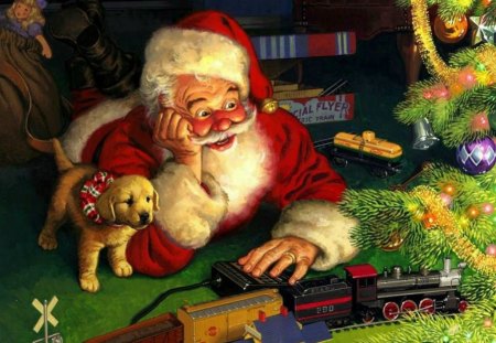 Santa Claus after Apocalypse for Ewa (ewa21021) - santa claus, toy, christmas, painting, white, train, art, dog, red, green, tom newson, tree, cute