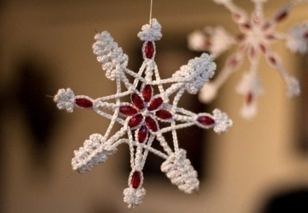 Snowflake - white, red, decoration, snowflake, precious, ornament, stone, christmas