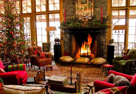 HOLIDAY WARMTH - fire -lace, dog, holiday, sitting room, tree, house, christmas