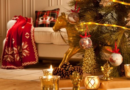 Home for christmas - candles, fire, couch, pinecones, white, balls, home, throw, presents, hanging, holiday, tree, ornaments, pillow, toys, flames, cushion, gold horse, christmas, horse, red