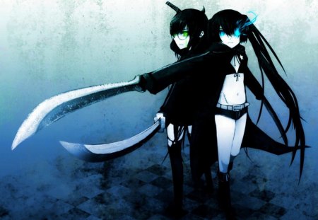 Friends Forever - girls, swords, blue eyes, long hair, black hair, green eyes, death master, anime, cute, black rock shooter