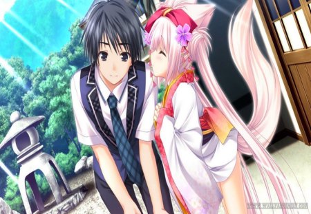 I'm Going To Tell You A Secret! :) - secert, tail, sunshine, girl, long hair, pink hair, black hair, boy, anime, sweet, cute, short hair, black eyes, happy