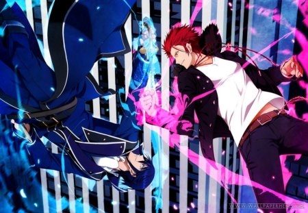 Fight!!! - falling, anime, mikoto souh and reisi munakata, cool, pink, k, short hair, red hair, awesome, blue hair, boys, blue fire