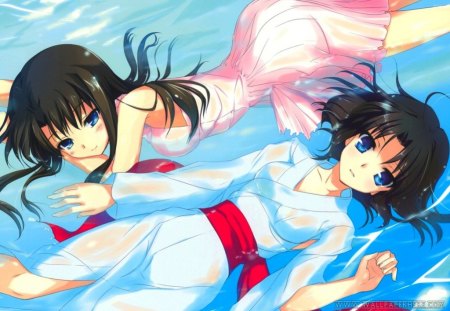 Kokutou Azaka and Ryougi Shiki - red ribbon, girls, blue eyes, long hair, water, wet, kokutou azaka and ryougi shiki, kara no kyoukai, white dress, black hair, pink dress, anime, sweet, cute, breasts, short hair