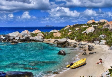 secluded beach in the british virgin islands - secluded, beach, couple, island, boat