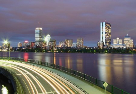 the charles river in boston at night - river, highway, lights, city, night