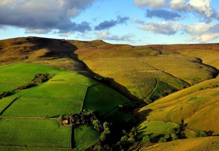 green fields on a hill - hills, fields, clouds, green