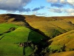 green fields on a hill