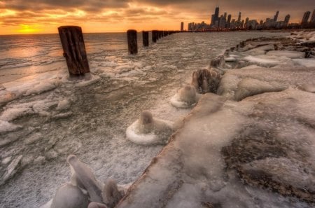 frozen lake michigan at chicago hdr - ice, lake, city, hdr, stakes