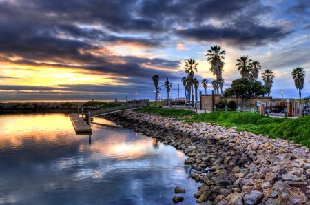 landing dock by a stone shore hdr - clouds, shore, hdr, dock, stones