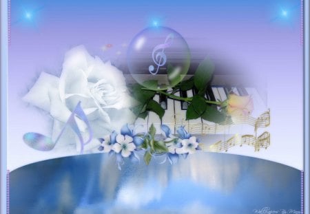 Sweet Music - flowers, roses, music, water, pianos