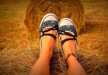 Girl in ballet flat on a roll of hay - hay, roll, ballet, girl, flat