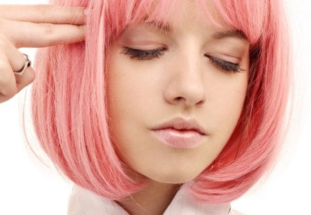 The girl in pink wig - girl, wig, pink, red