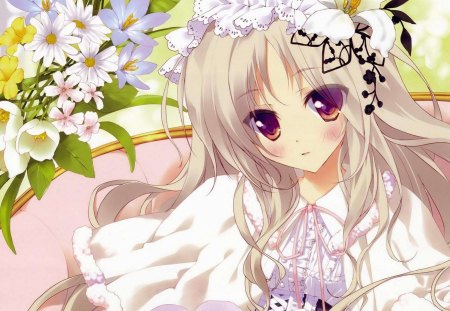 Anime - anime, anime girl, original, beautiful, dress, long hair, white hair, red eyes, flowers, cute girl