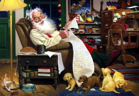 By Tom Newson - animal, christmas, art, tom newson, holiday, santa, painting, new year, dog