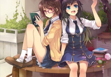 study time - tie, anime, female, book, school, dress, bag, long hair, uniform, sunglasses, anime girl, hot, girl, sweet, school uniform, glasses, cute, sexy