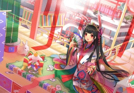 cute kimono - fan, female, usagi, japanese, anime girl, bunny, black hair, rabbit, japan, anime, ribbon, kimono, cute, girl, long hair, yukata, animal, sweet