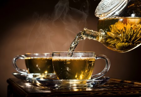 Hot tea - nice, hot, photography, still life, teapot, pretty, afternoon, food, tea time, cups, tea, smoke, saucer, lovely, cup, beautiful, flowers