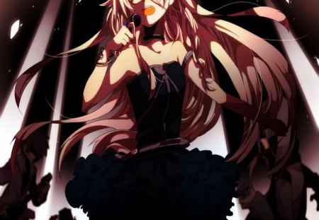 Scream Loud!!!!!! - breasts, cute, ia, vocaloid, black dress, concert, girl, night, scream, boys, long hair, pink hair, blue eyes, loud