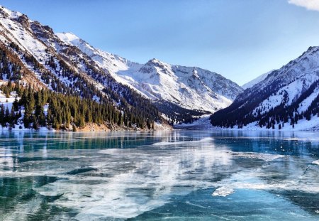 Winter lake - lakeshore, nice, sky, trees, riverbank, water, reflection, cold, river, frozen, lake, mountain, winter, shore, peaks, lovely, nature, forest, blue, snow, beautiful, frost