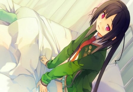 Hey, How Are You? :) - anime, nanase matsuri, girl, room, sunshine, blush, green uniform, brown hair, long hair, sweet, pink eyes, big breasts, bed, cute, ima sugu onii-chan ni imouto da tte iitai