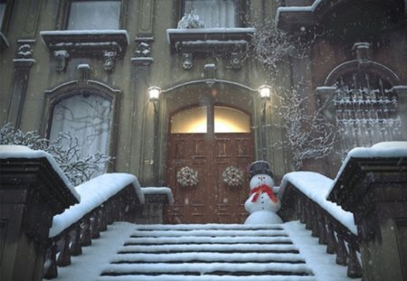 snow entry - stairs, snowman, holidays, snow, decorations, entry, house