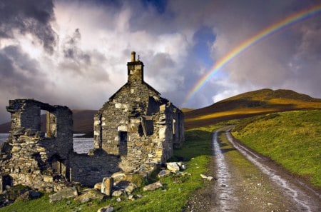 magnificent rainbow over hills - rainbow, ruins, hills, clouds, road