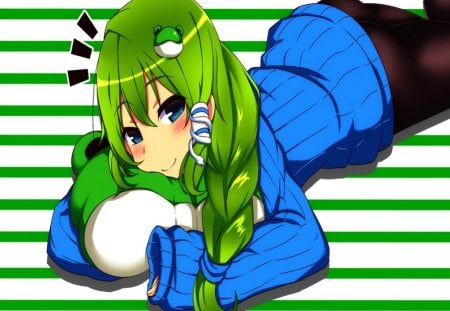 Kochiya Sanae - sexy, girl, blue eyes, frog, blue sweater, kochiya sanae, touhou, anime, blush, green hair, cute