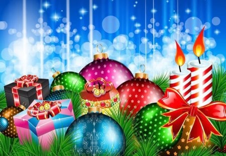 Colorful Christmas - beautiful, candles, christmas, sparkling, gifts, balls, bright, flame, tree, colorful, new year, pretty, branches, blue, decoration, holiday, nice, lovely