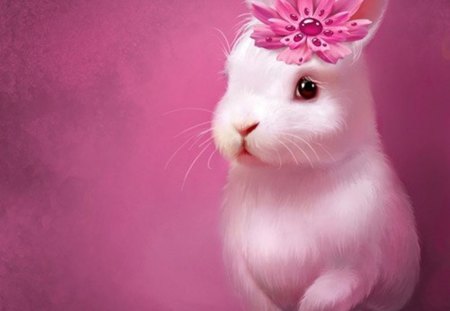 cute bunny - white, pink, beautiful, sweet, bunny, cute, flower, rabit