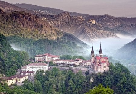 superb monastery at covadonga spain - forest, mountains, hill, monastery, mist