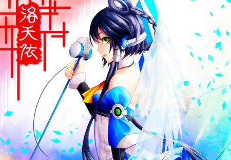 Luo Tianyi - vocaloid, luo tianyi, blue, girl, green eyes, long hair, sweet, music, big breasts, white, red, wings, black hair, cute, song